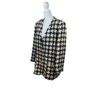 Vintage Jaeger Brand Brocade Navy and Ivory Houndstooth Plaid Blazer Size 6